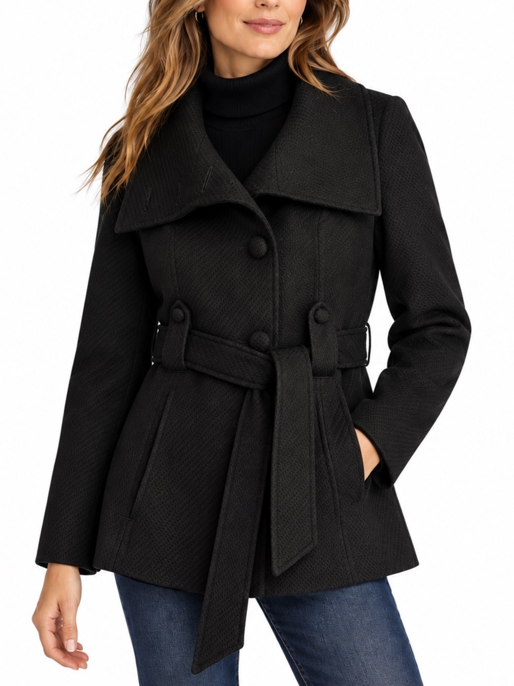 H&M Black Wool Blend Belted Peacoat Jacket High Collar Size 12
